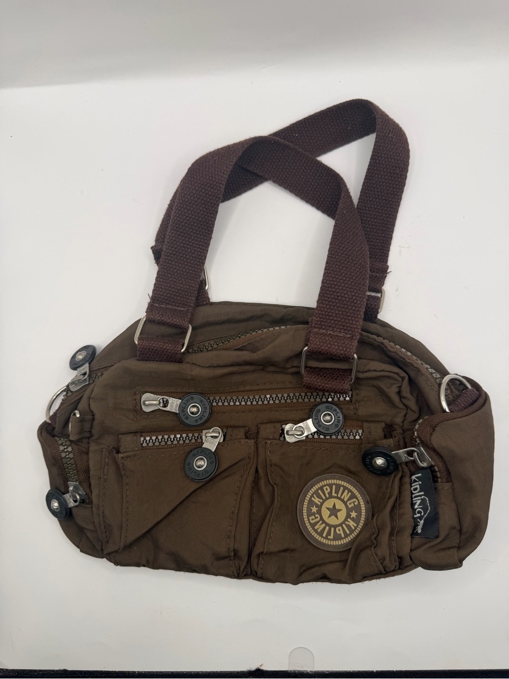 Kipling Mini Brown Nylon Multi Pocket Handbag Y2K Utility Bag